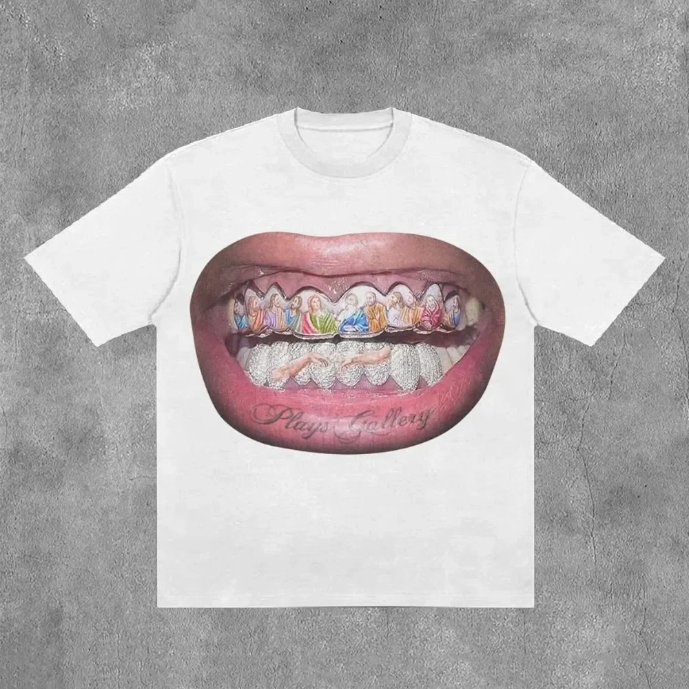 Aonga Teeth Letter Graphic Print Oversized T Shirt Mens Womens Y2k Top Hip Hop Harajuku Gothic T Shirts Short Sleeve Streetwear Tops aonga