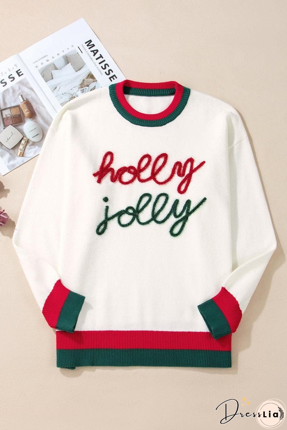White Tinsel holly jolly Pattern Colorblock Edge Drop Shoulder Plus Size Sweater