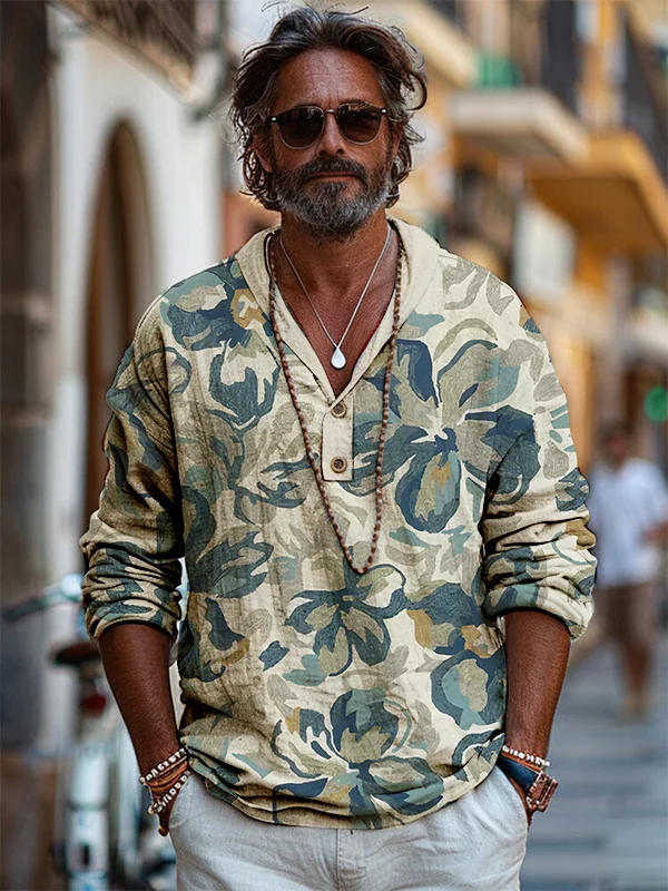Men's Vacation Style Abstract Floral Print Hooded Shirt