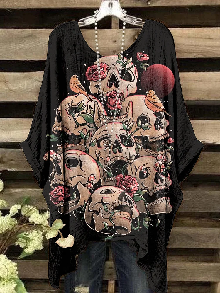 Women's Vintage Punk Skull Rose Pattern Crew Neck Top