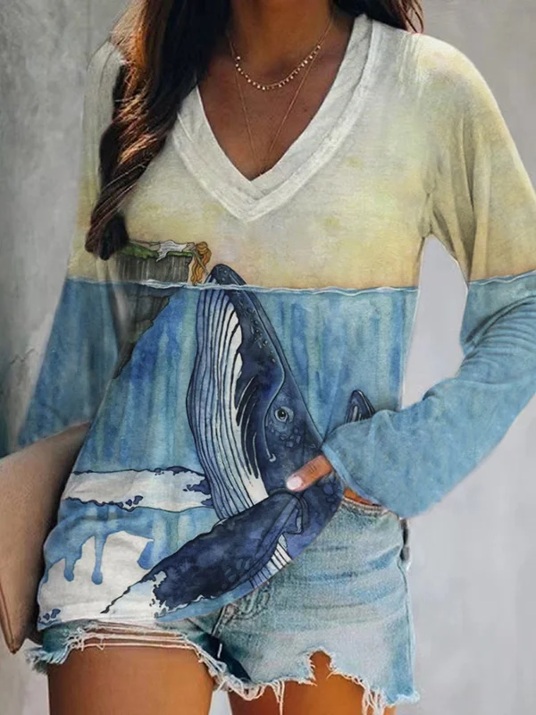 Women's Blue Whale Art Print V Neck Long Sleeve T-Shirt