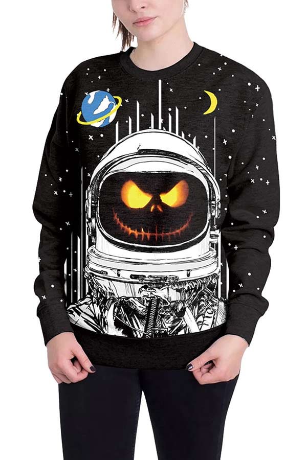 Pumpkin Astronaut Print Loose Halloween Sweatshirt Black-elleschic