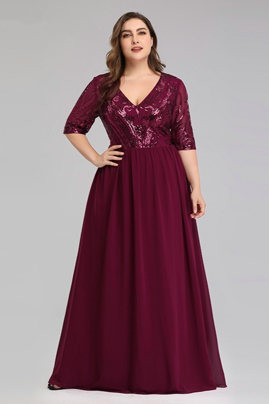 Burgundy V-Neck Sequins Plus Size Prom Dress Long With Short Sleeves Online - lulusllly