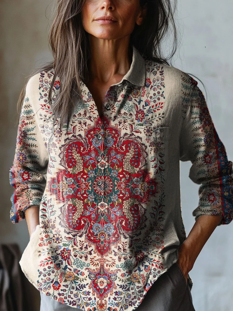 Women's Vintage Lovely Floral Art Print Casual Cotton And Linen Shirt