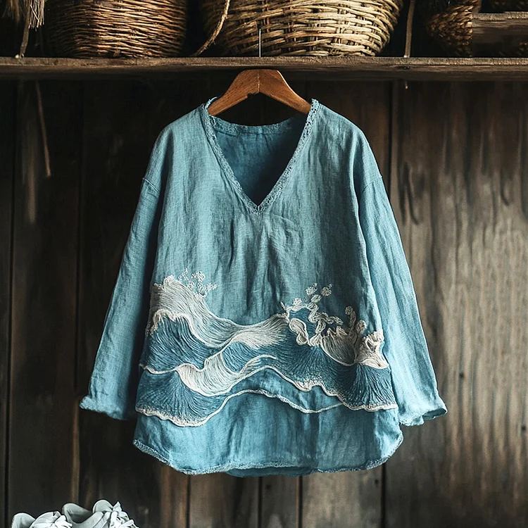 Vintage Japanese Waves Embroidered Linen Blend Cozy Tunic