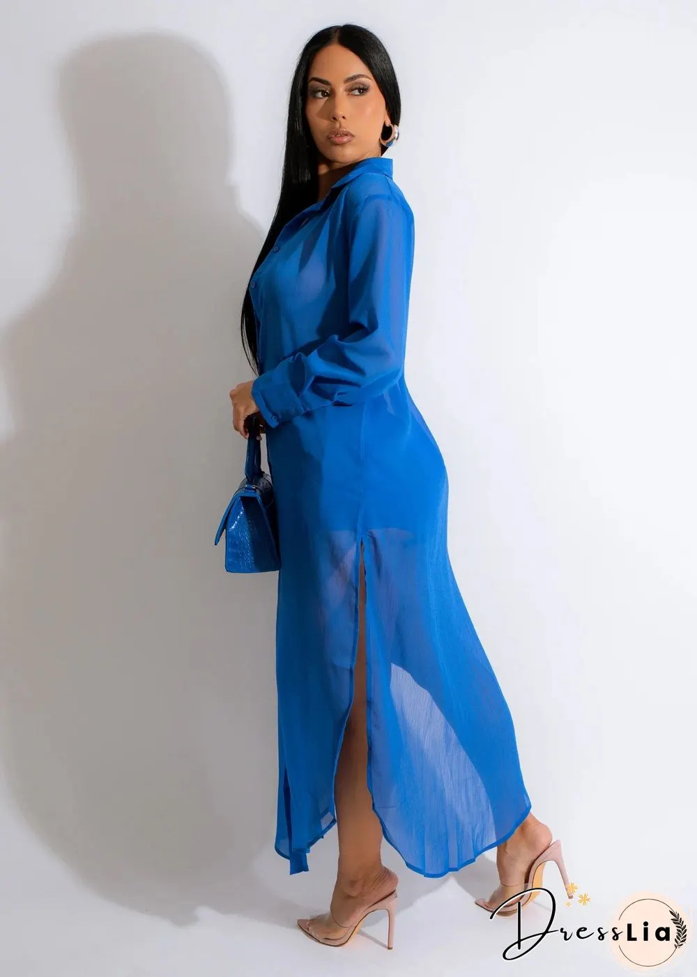 Long Sleeve Chiffon Shirt Dresses+Shorts Two Piece Set