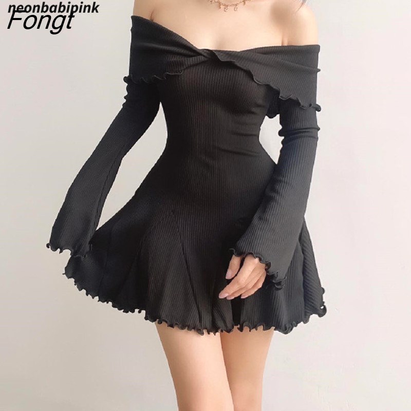 Fongt Y2k Fiarycore Off Shoulder Long Sleeve Dresses Skater Skirt ...