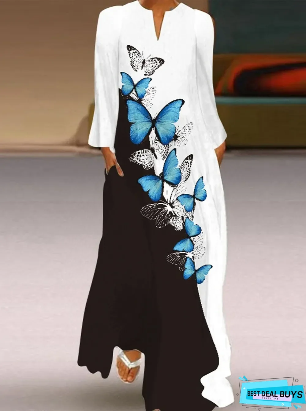 Butterfly Print V-Neck Long Sleeve Dress White Dresses