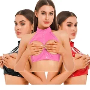 pornhint Pornhint Womens Cupless Bras Lingerie PVC Leather Crop Tops Halter Metal Buckle Bra Tops