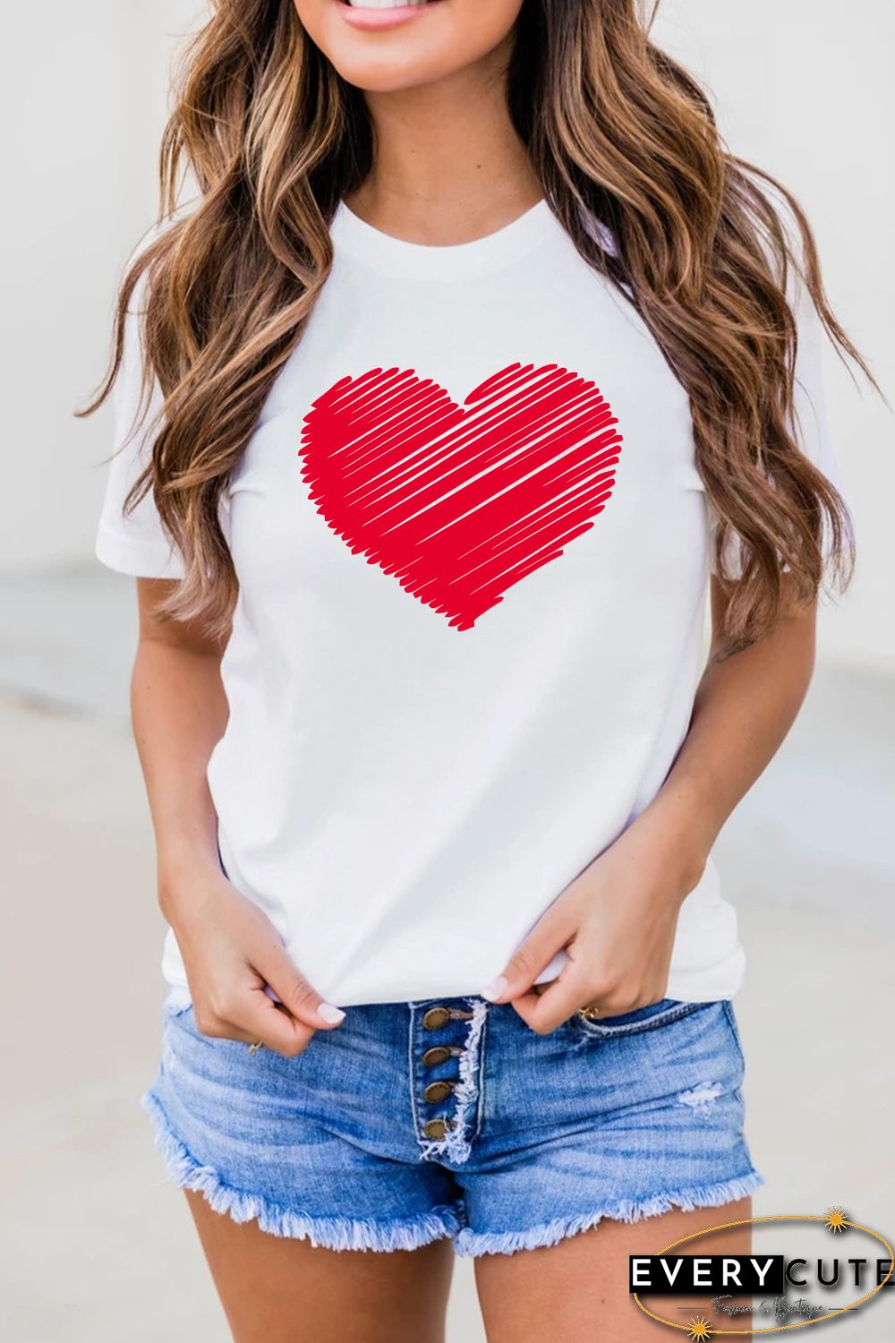 White Valentine Heart-shaped Print Short Sleeve Top