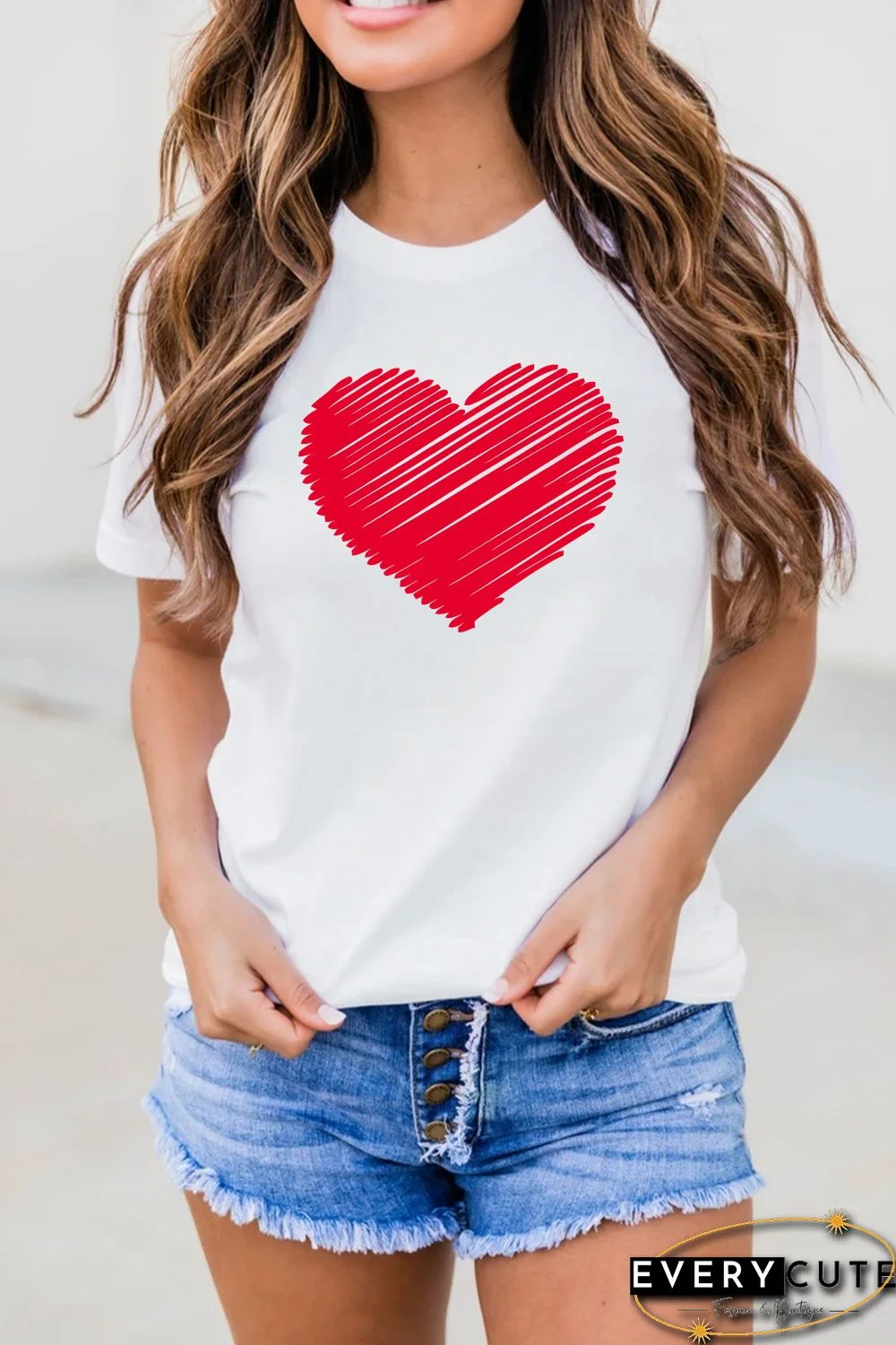 White Valentine Heart-shaped Print Short Sleeve Top