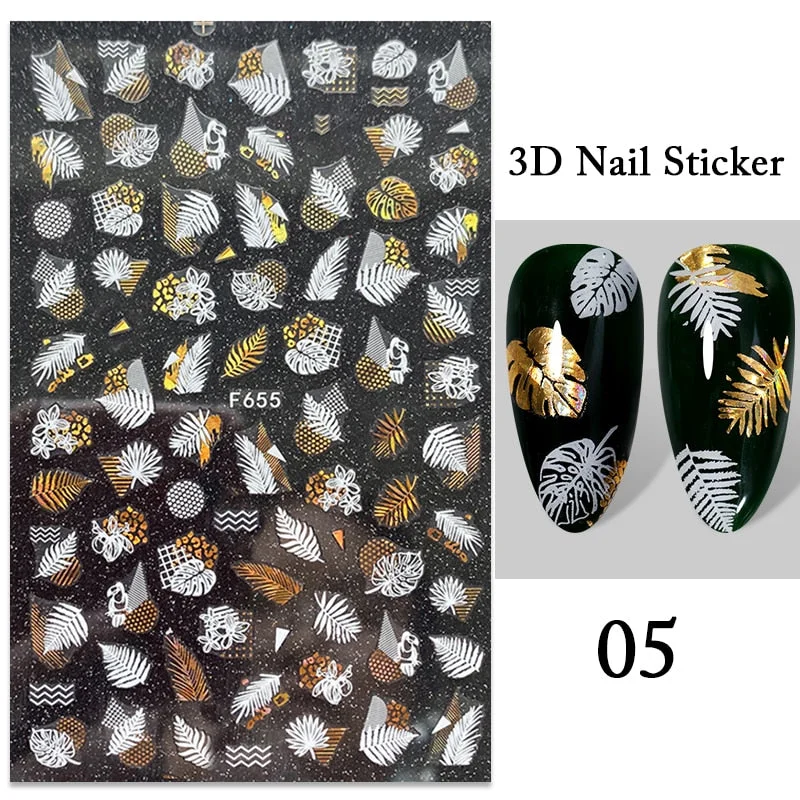Iridescent Feathers 3D Nail Stickers Holographic Laser Flower Leaf Stickers Spring Summer Slider For Nails Manicures Decoration-Nail Inspo