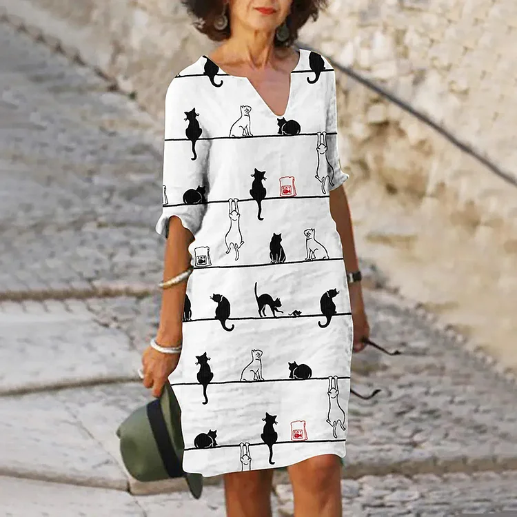 Vefave Cat Print Casual Midi Dress