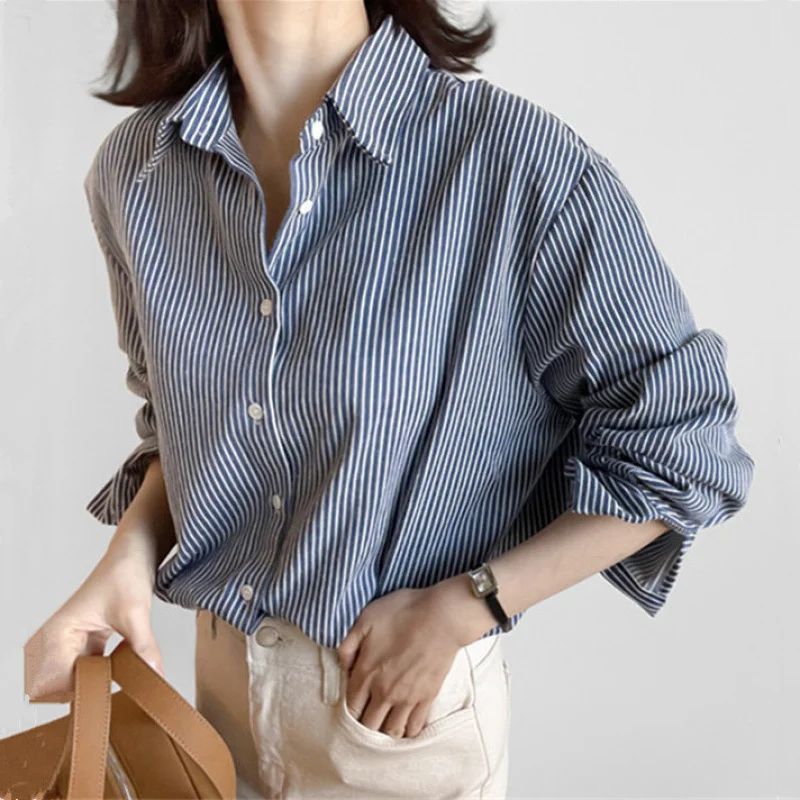 Uveng Uveng Version Of POL Collar Thin Striped Cotton Silk Shirt Woman 2025 New Broken Shoulder Long Sleeve Tuxedo Shirt