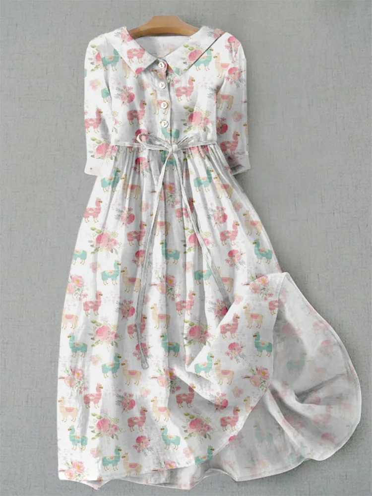 Cute Floral Llama Art Linen Blend Maxi Dress