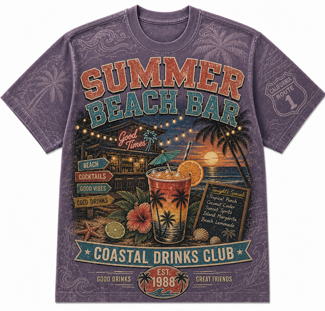 Surf Summer Beach Bar Cotton T-Shirt - Purple / Orange / Green