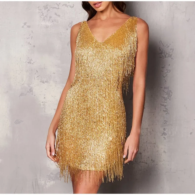 Women's Tassel Sequins Feather Stitching Shining Evening Party Mini Dress
