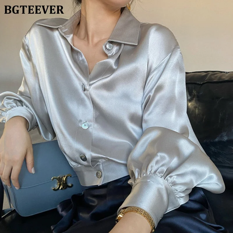 BGTEEVER Vintage Satin Women Blouses Autumn Winter Lapel Lantern Sleeve Loose Single-breasted Female Shirts Short Tops 2021