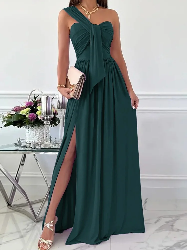 Elegant Fairy Slim Sexy Slit Solid Sundress Women Pleated Maxi Beach Dress Fashion One-Shoulder Strap Draped Cover-Ups Robe