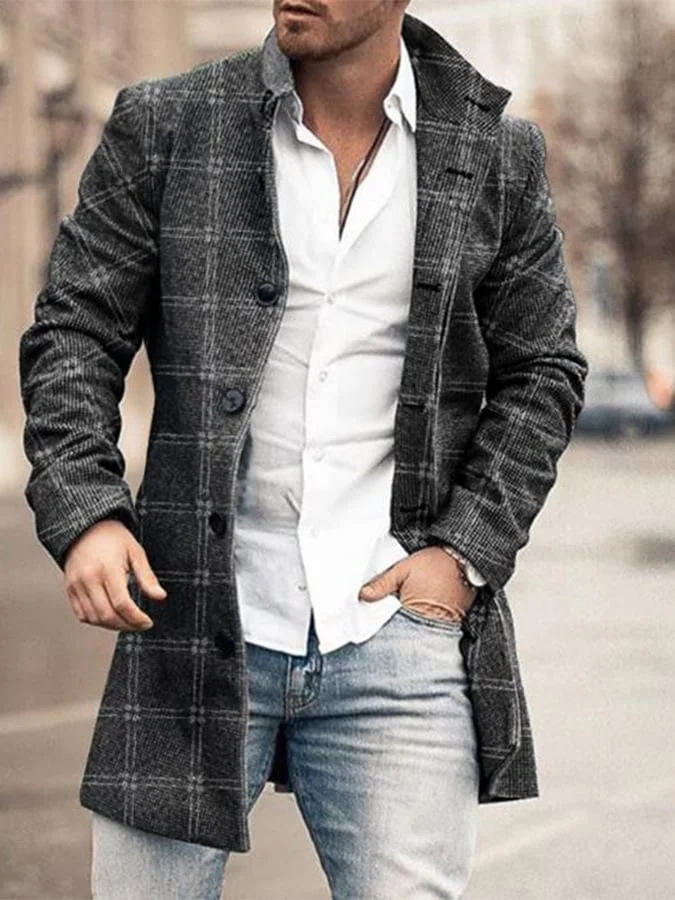 Men'S Commuter Button Lapel Plaid Design Wool Coat