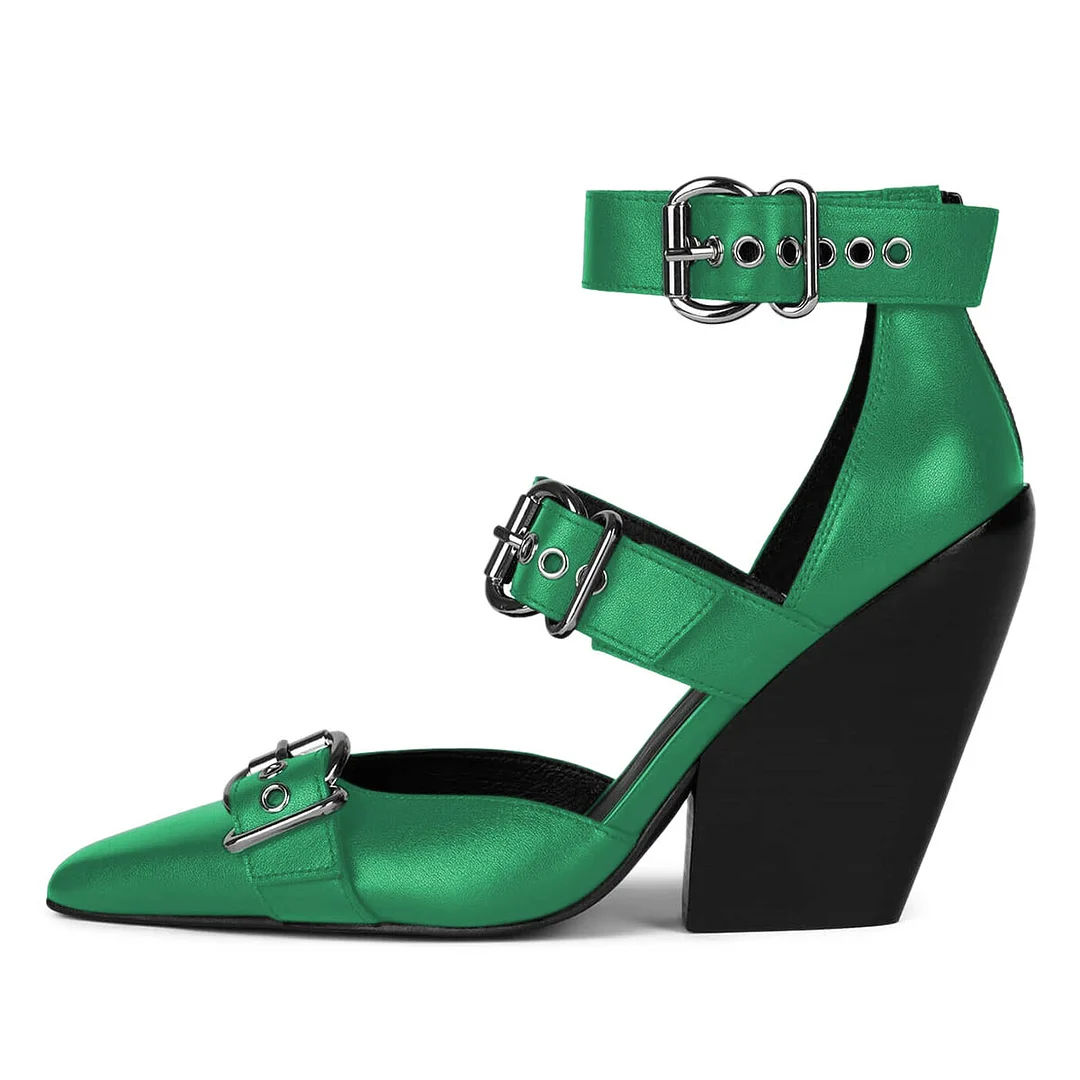 Green Chunky Heel Square Toe Grommets Strap Pumps Shoes with Buckle