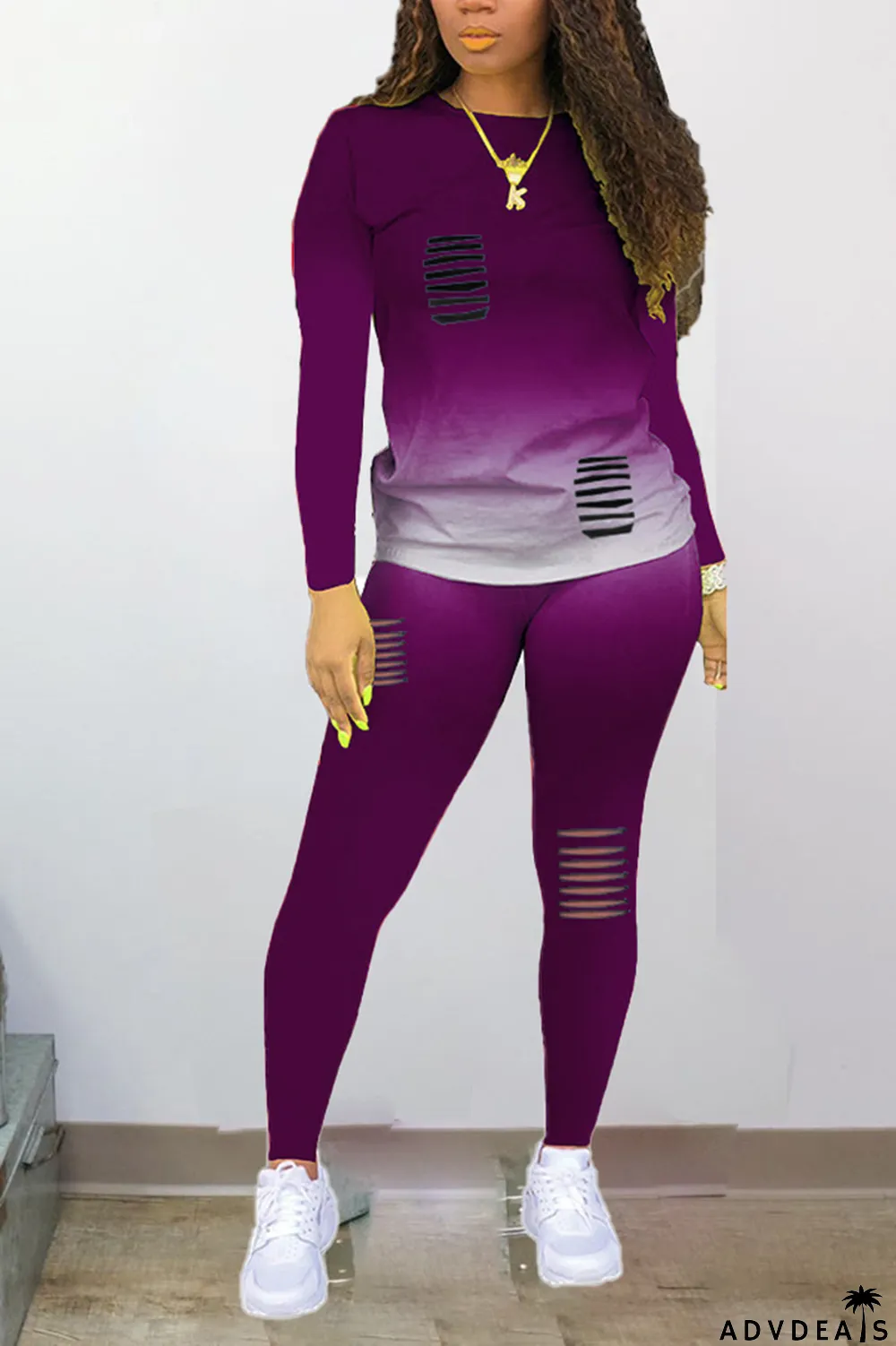 Purple Sexy Gradual Change Ripped O Neck Plus Size