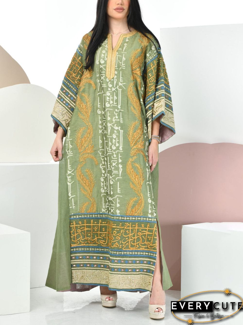 Rero Green Loose Pattern Kaftan