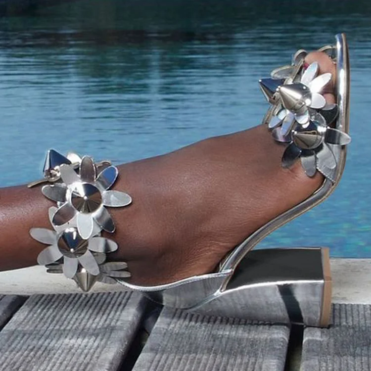 Silver Ankle Strap Flower Shoes Women'S Elegant Open Toe Floral Sandal Wedding Chunky Heels |FSJ Shoes