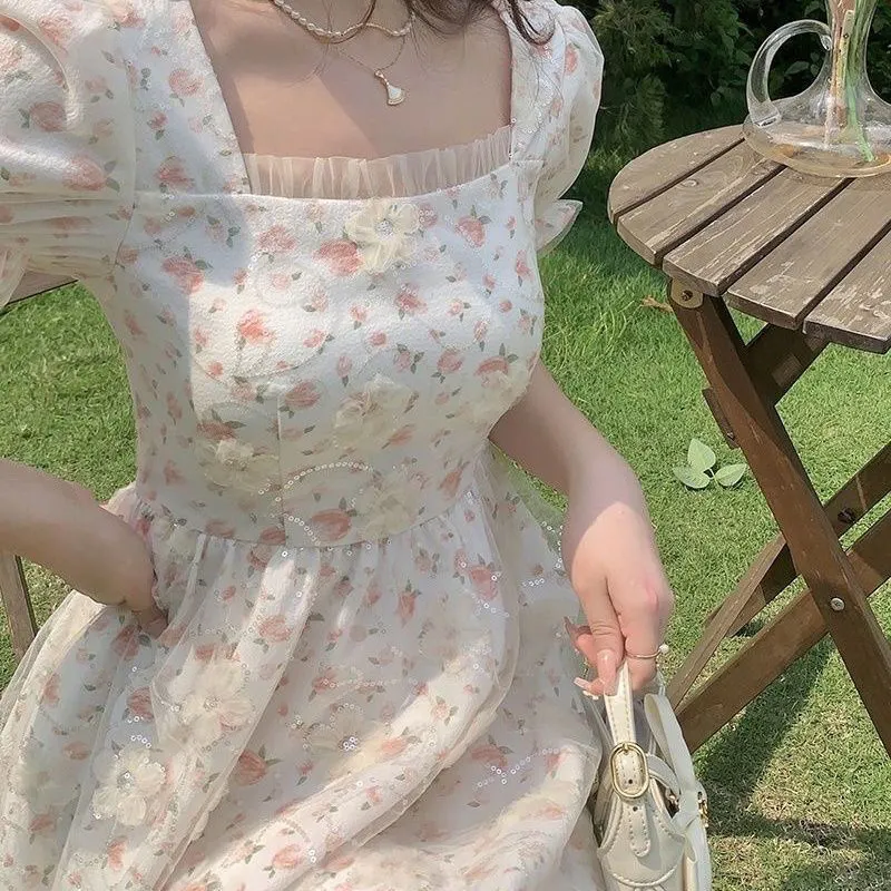 Uveng Mini Dresses Women Tender Sweet Summer Puff Sleeve Princess Vestidos Elegant Ladies Vintage Prairie Chic Fashion Casual