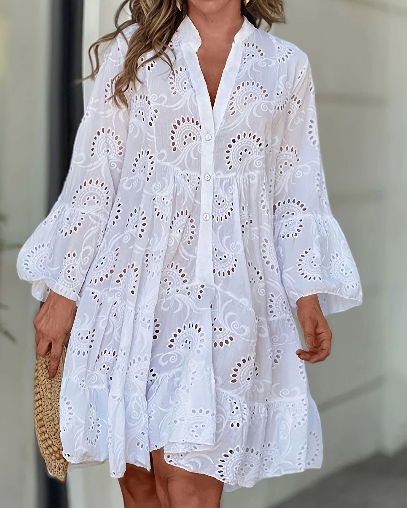 Floral Pattern Embroidery Long Sleeve V Neck Dress