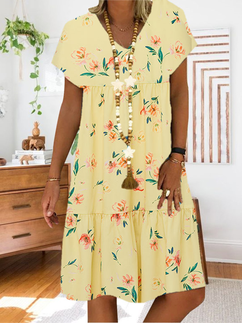 Women Half Sleeve V-neck Solid Color Dress