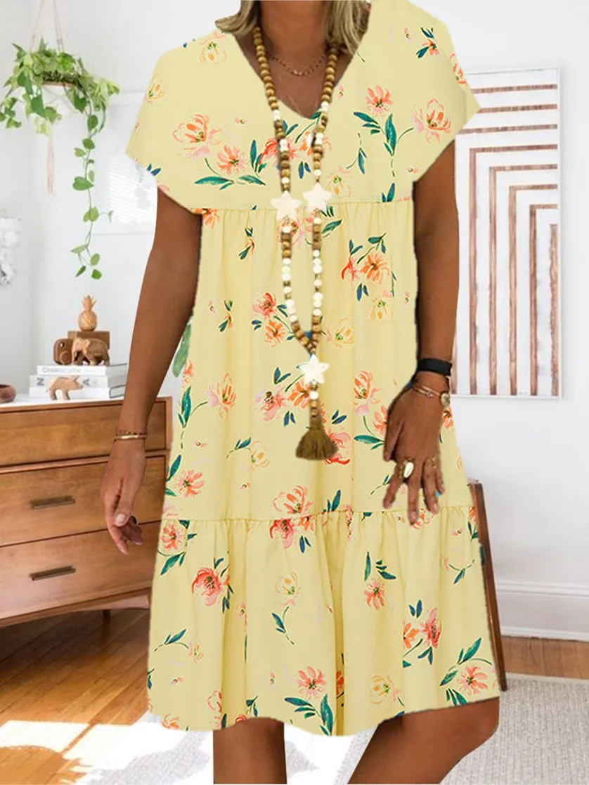 Women Half Sleeve V-neck Solid Color Dress