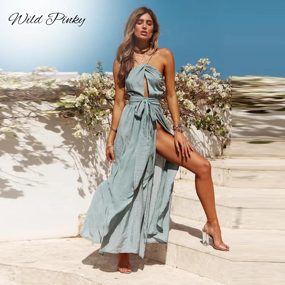 WildPinky 2022 New Women Summer Boho Maxi Long Dress Evening Party Beach Dresses Sundress Backless Halter Dress Summer Vestidos