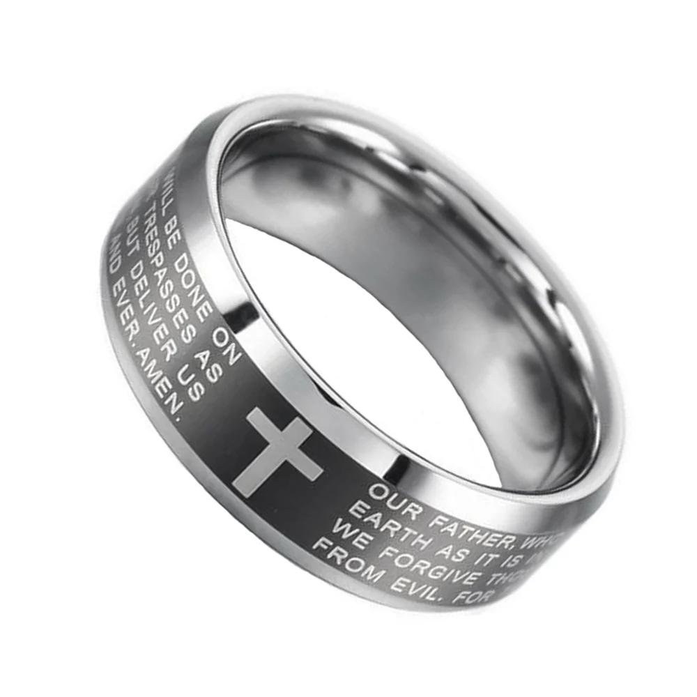 6MM 8MM Black Cross Bible Tungsten Rings Bevel Edge Polished Finished Width For Mens