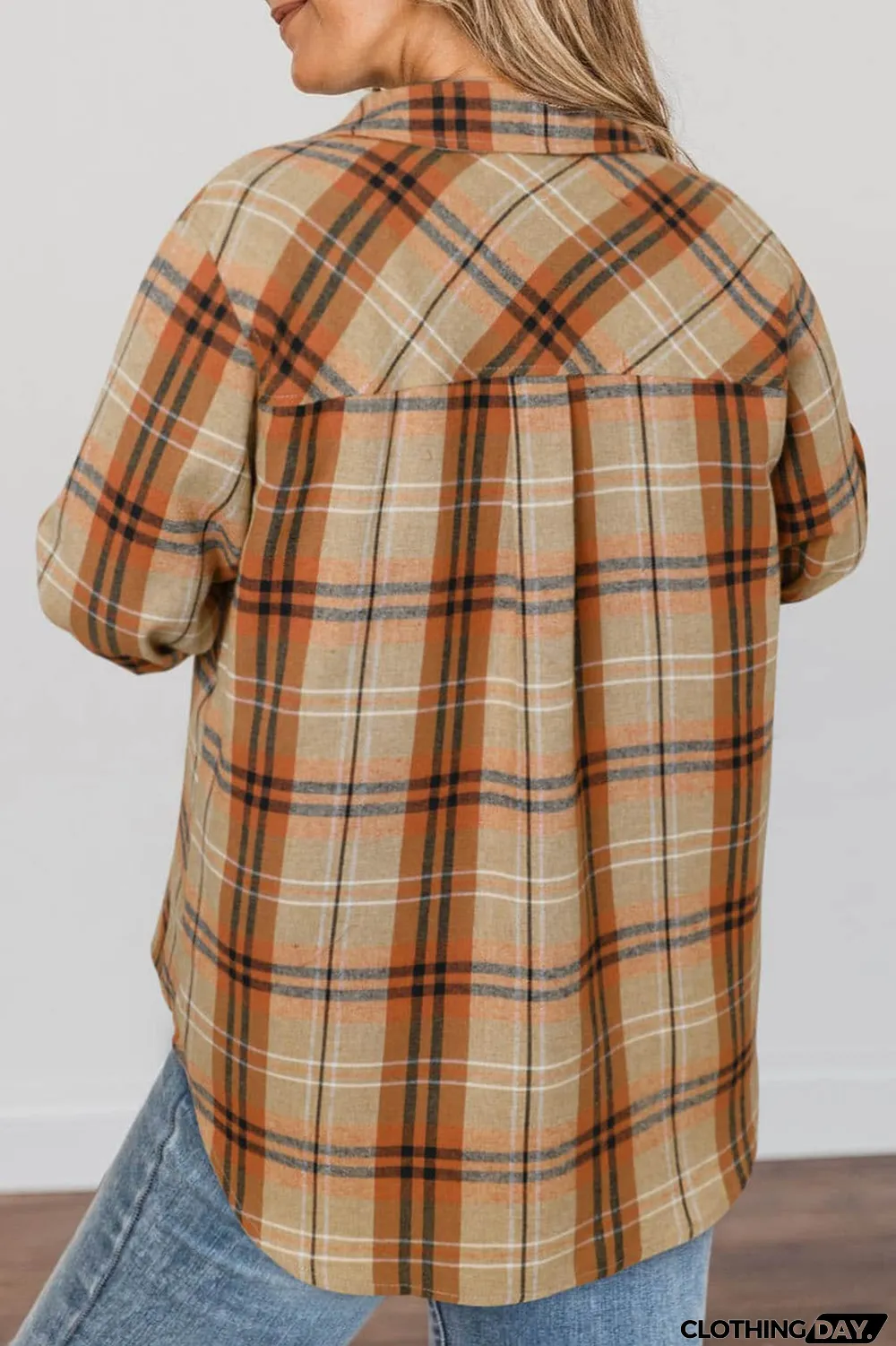 Orange Plus Size Buttons Plaid Pattern Shirt