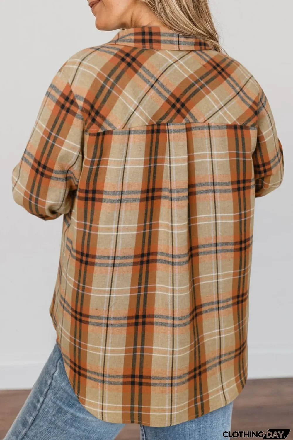 Orange Plus Size Buttons Plaid Pattern Shirt