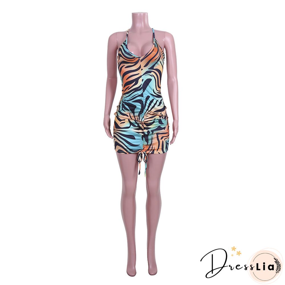 Sexy Printed Sleeveless Drawstring Ruched Bodycon Dress