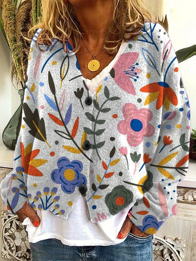 Stylish Art Floral Print Plush Cardigan