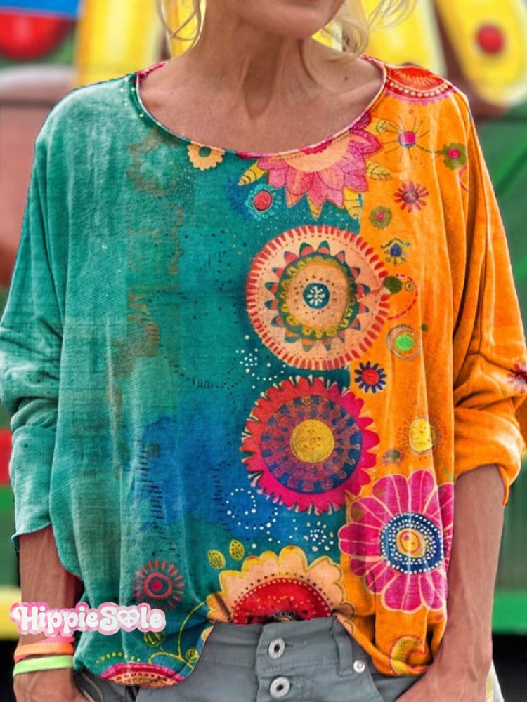 Vintage Love And Peace Flower Art Print Casual Sweatshirt Long Sleeve Shirt / S