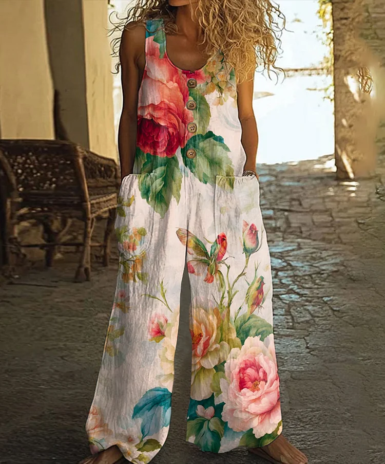 Vintage Floral Print Casual Wide-leg Jumpsuit