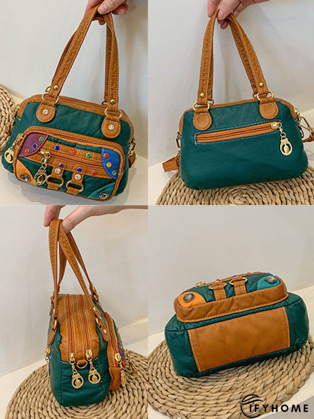 Retro Ethnic Style Mosaic Rhinestone Zipper Messenger Bag | IFYHOME