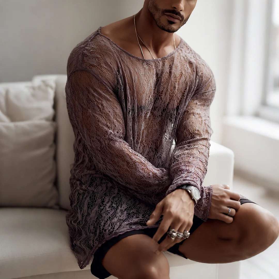 Men's Basic Everyday Casual Wear, Comfortable And Loose Fit, Sexy Lace Long-sleeved Top-inspireuse