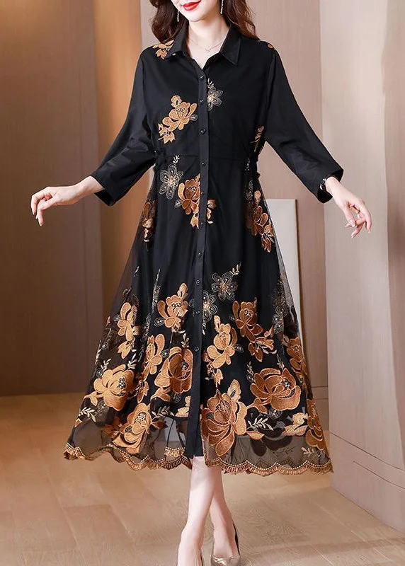 Fashion Black Embroideried Tie Waist Tulle Patchwork Shirts Long Dresses Fall