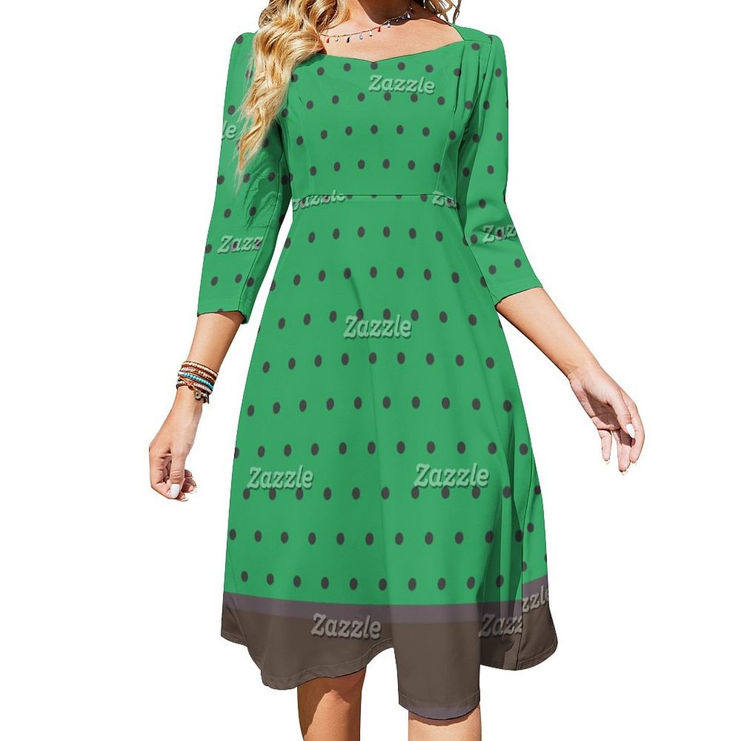 Elegant Polka Dots Gray Sea Green Dress Sweetheart Tie Back Flared 3/4 Sleeve Midi Dresses