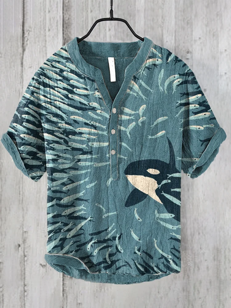 Orca And Herring Art Print Cozy Linen Shirt