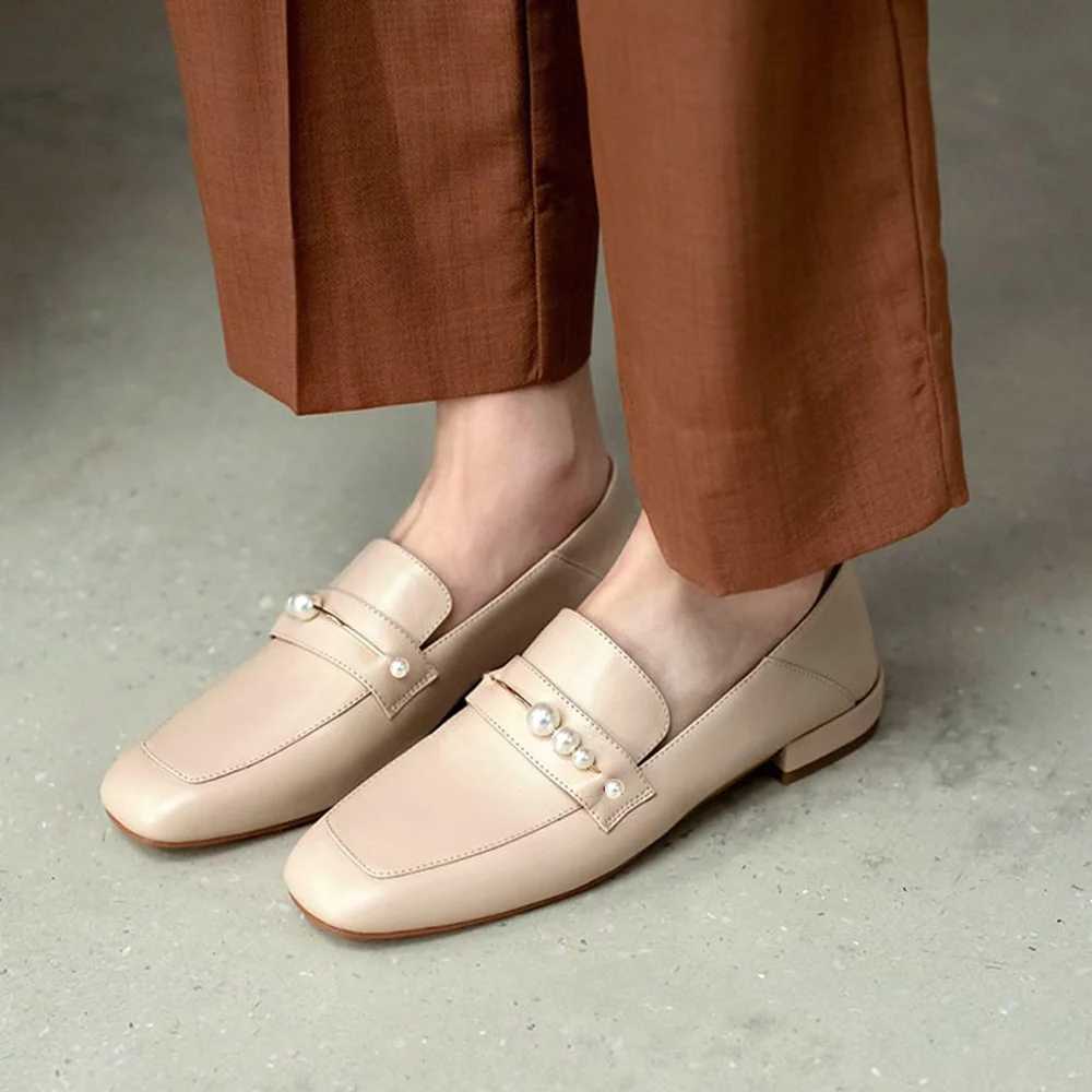 Nude Sqaure Toe Leather Loafers Elegant Low Heel Loafers with Pearl Nicepairs