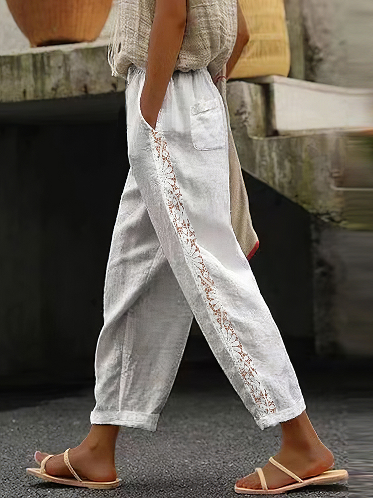 Comstylish Floral Lace Linen Blend Cozy Women's Pants