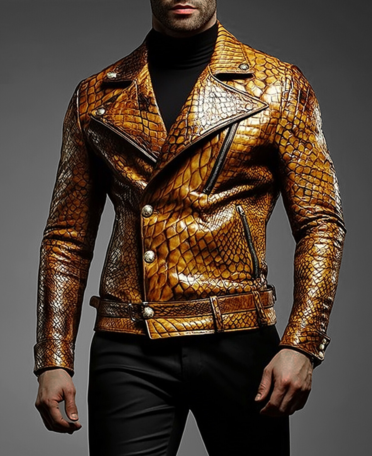 Okaywear Snake Skin Pattern PU Leather Lapel Button Jacket