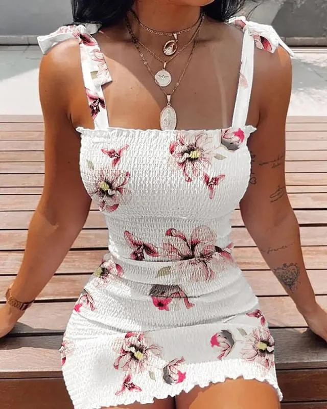 Summer Floral Sling Mini Dress Women Fashion Beach Style Stretch Slim Floral Sleeveless Mini Dress Women