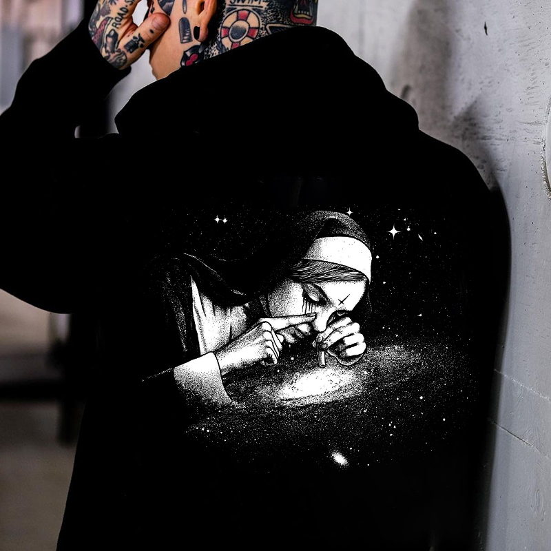 Nun Smoking Dark Style Black Print Hoodie